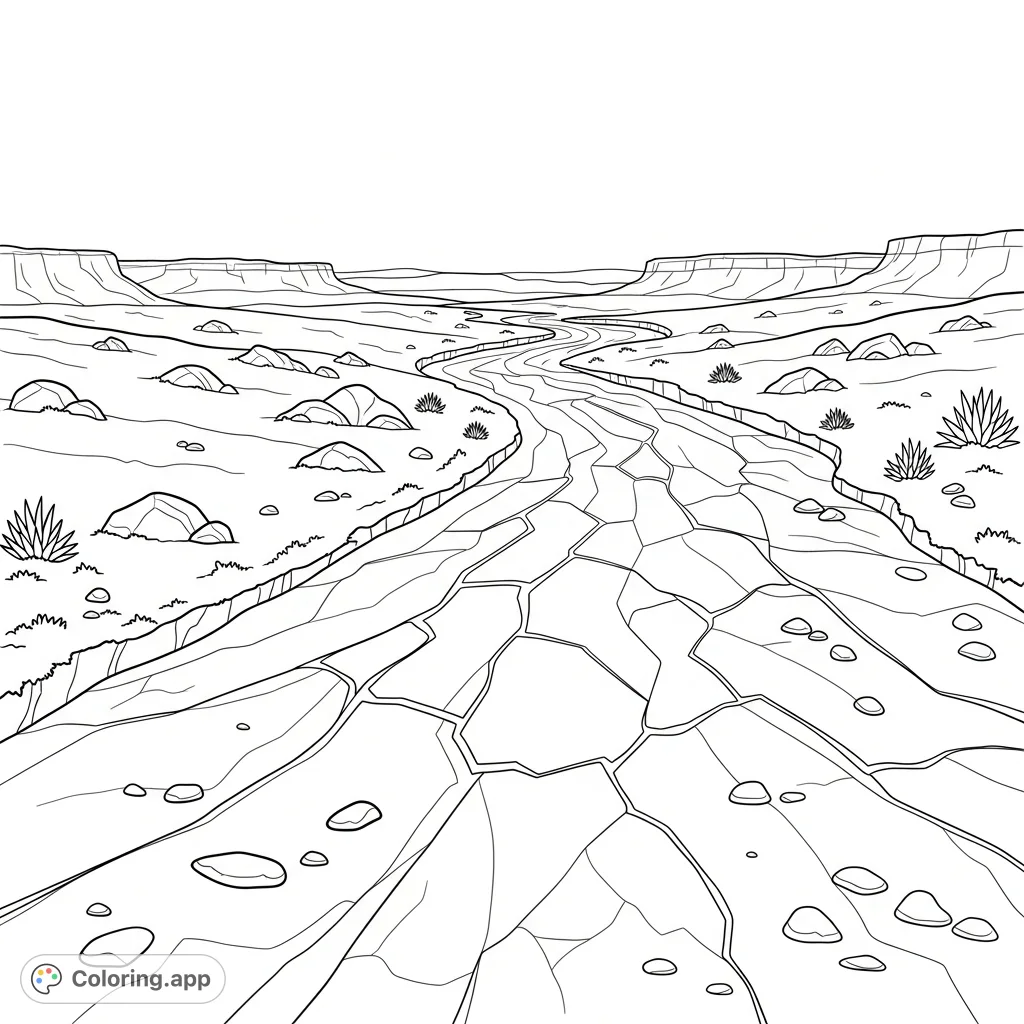 Explore a stark, beautiful desert scene featuring a snaking dried riverbed with simplified cracked earth textures, flanked by sparse terrain and distant mesas.