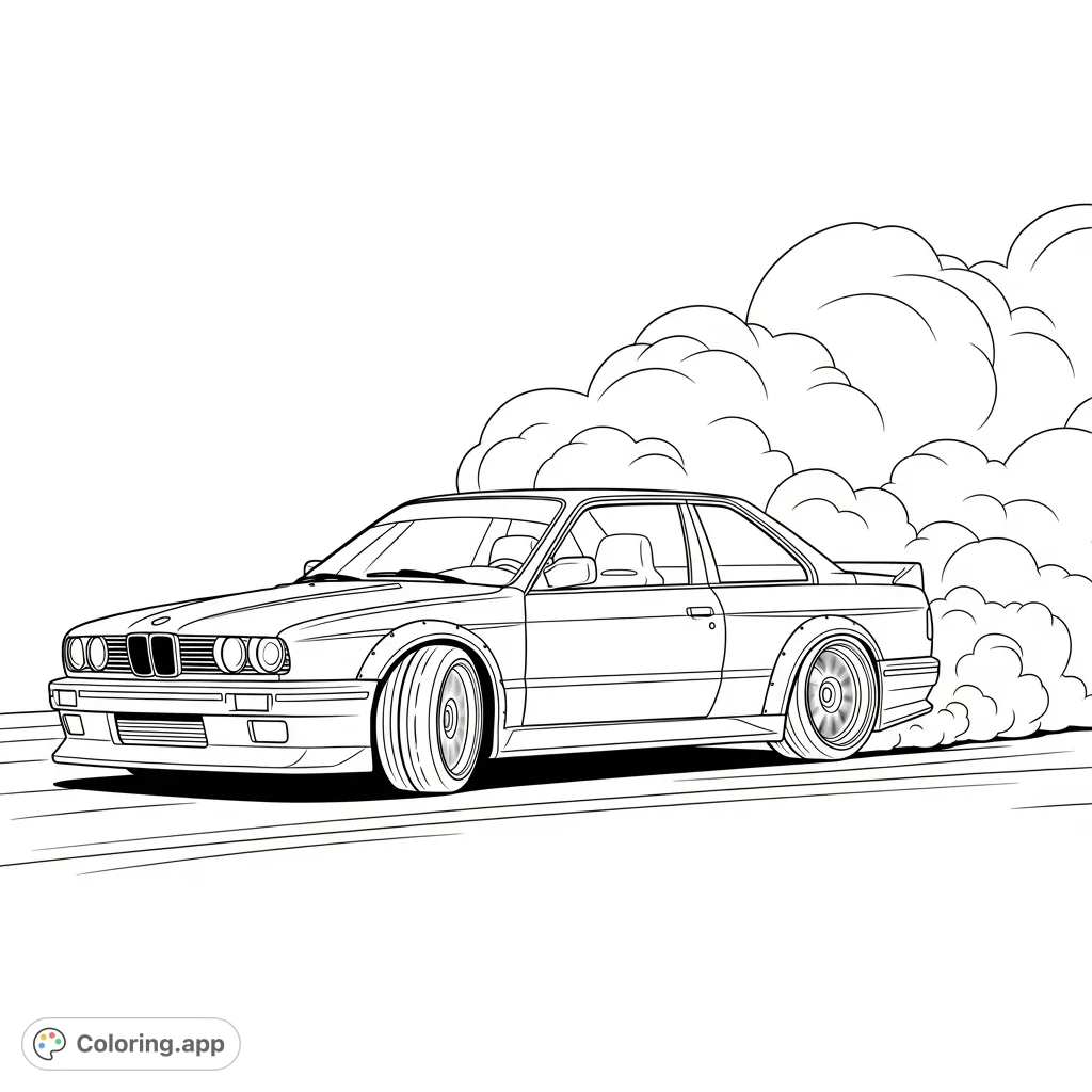 Capture the thrill of high-speed drifting with this dynamic coloring page featuring a sleek, M3-inspired coupe mid-slide, enveloped in simplified smoke.