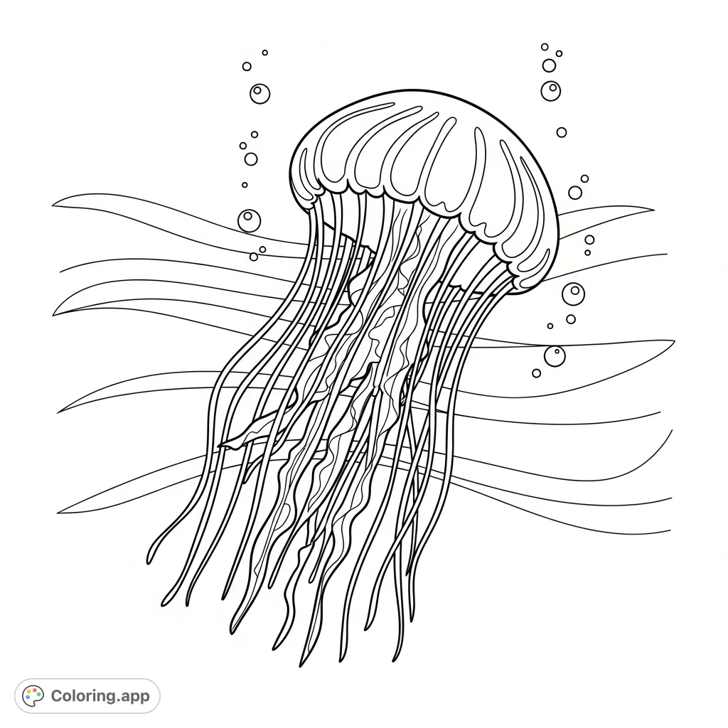 Dive into an aquatic adventure! Color a serene jellyfish with elegant, flowing tentacles amidst gentle ocean waves and rising bubbles.