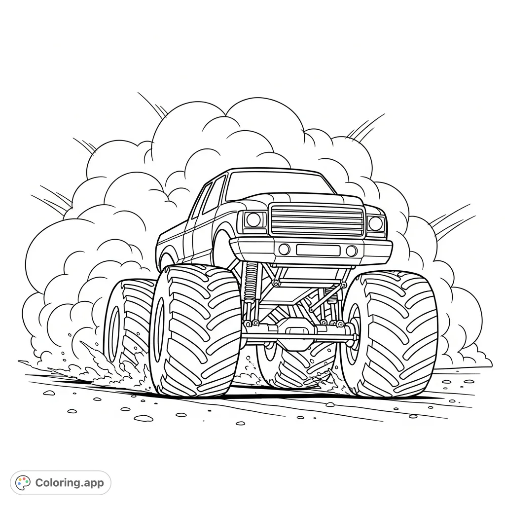 Experience the thrill of a powerful monster truck drifting on a dirt track, kicking up impressive, sweeping dust clouds. A dynamic and exciting scene.