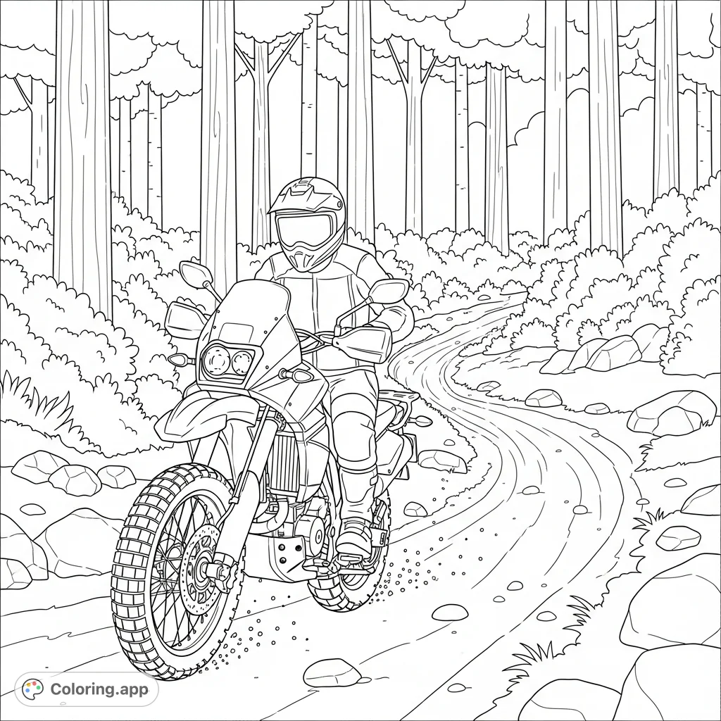 An exciting coloring page featuring a dual-sport motorcycle with a rider navigating a winding dirt trail through a simplified forest landscape, ready for adventure.