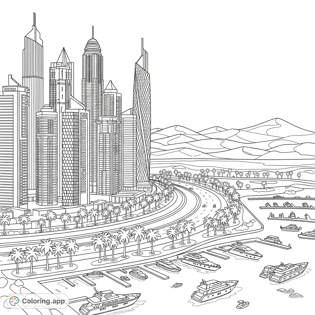 Explore a grand Dubai-inspired scene featuring towering cityscapes, a vibrant marina, lush palm boulevards, and serene desert dunes. A captivating blend of urban and nature.