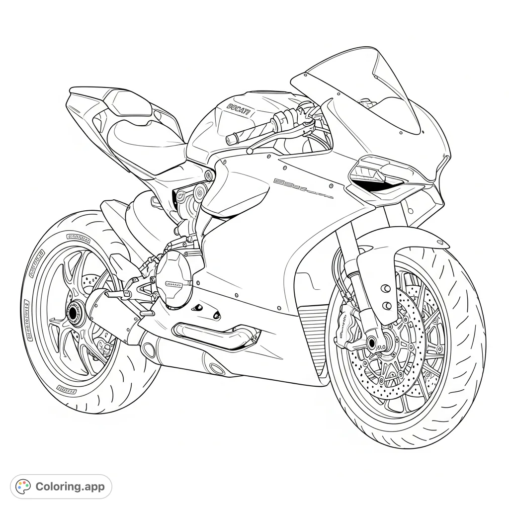 Detailed line art of a Ducati Panigale-inspired supersport motorcycle, showcasing aerodynamic fairings and intricate technical elements from a front three-quarter view.
