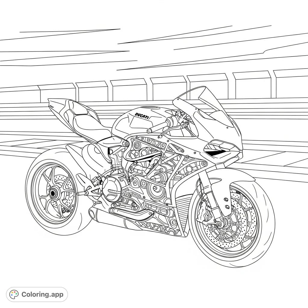 Color a dynamic Ducati Panigale race variant with detailed open fairing vents, revealing mechanical parts, set against a simplified, speedy racetrack background.