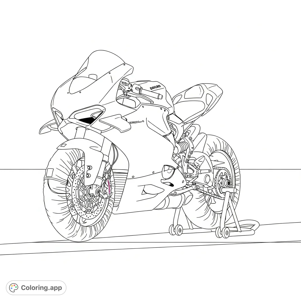 Detailed coloring page featuring a high-performance Ducati race bike on a front paddock stand with simplified tire warmers, perfect for enthusiasts.