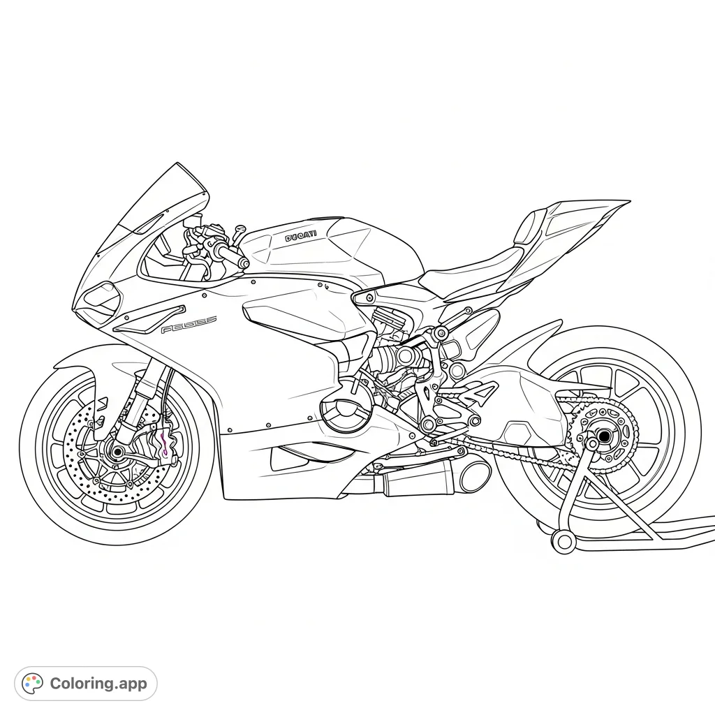 An intricate coloring page featuring a high-performance Ducati race bike, highlighting its aerodynamic winglets, single-sided swingarm, and detailed technical components.