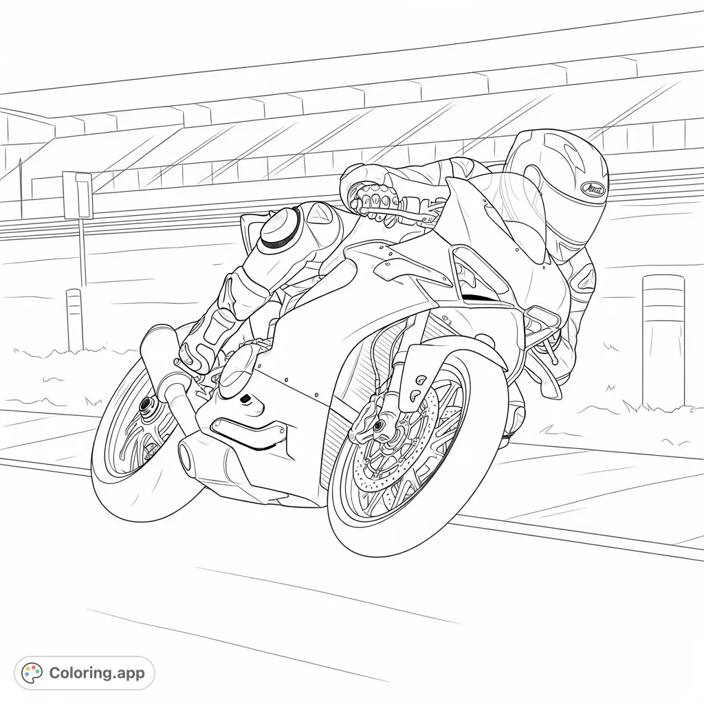 Experience the thrill of speed with this Ducati track bike coloring page, captured mid-corner with a dramatic lean angle and detailed race circuit elements.