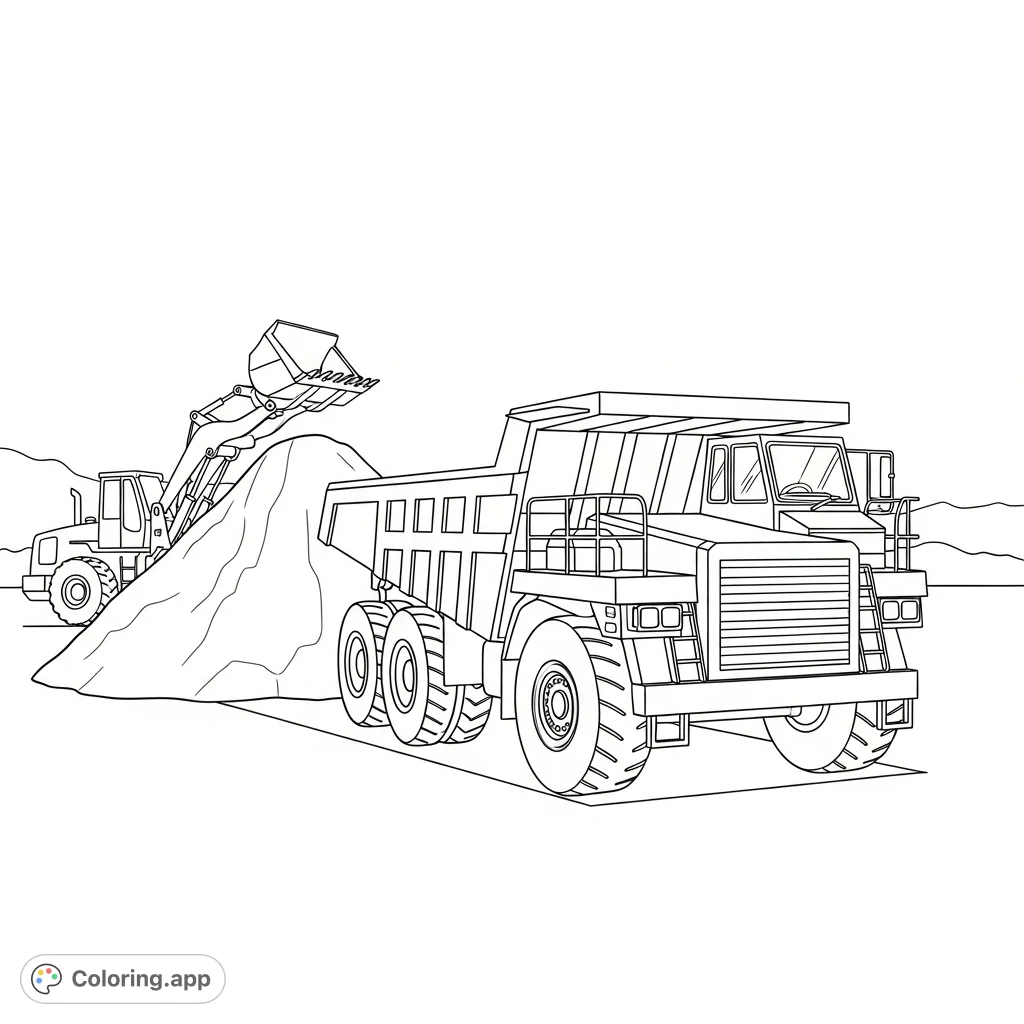 A robust dump truck, with its bed slightly raised, is parked beside a large, textured sand pile. A simplified bucket loader silhouette appears in the background.