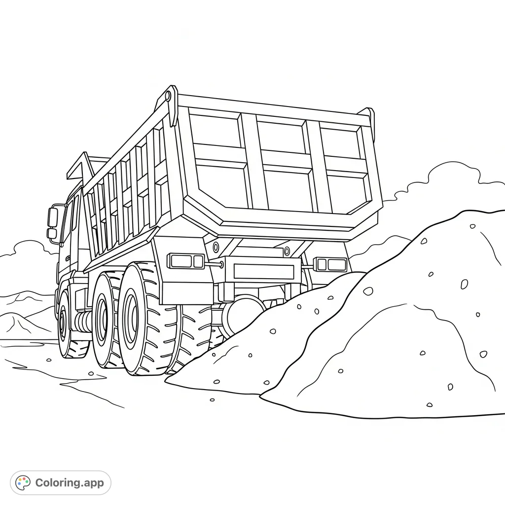 A detailed coloring page featuring a robust dump truck backing up to a large pile of material with clearly visible reverse lights. Perfect for construction fans.