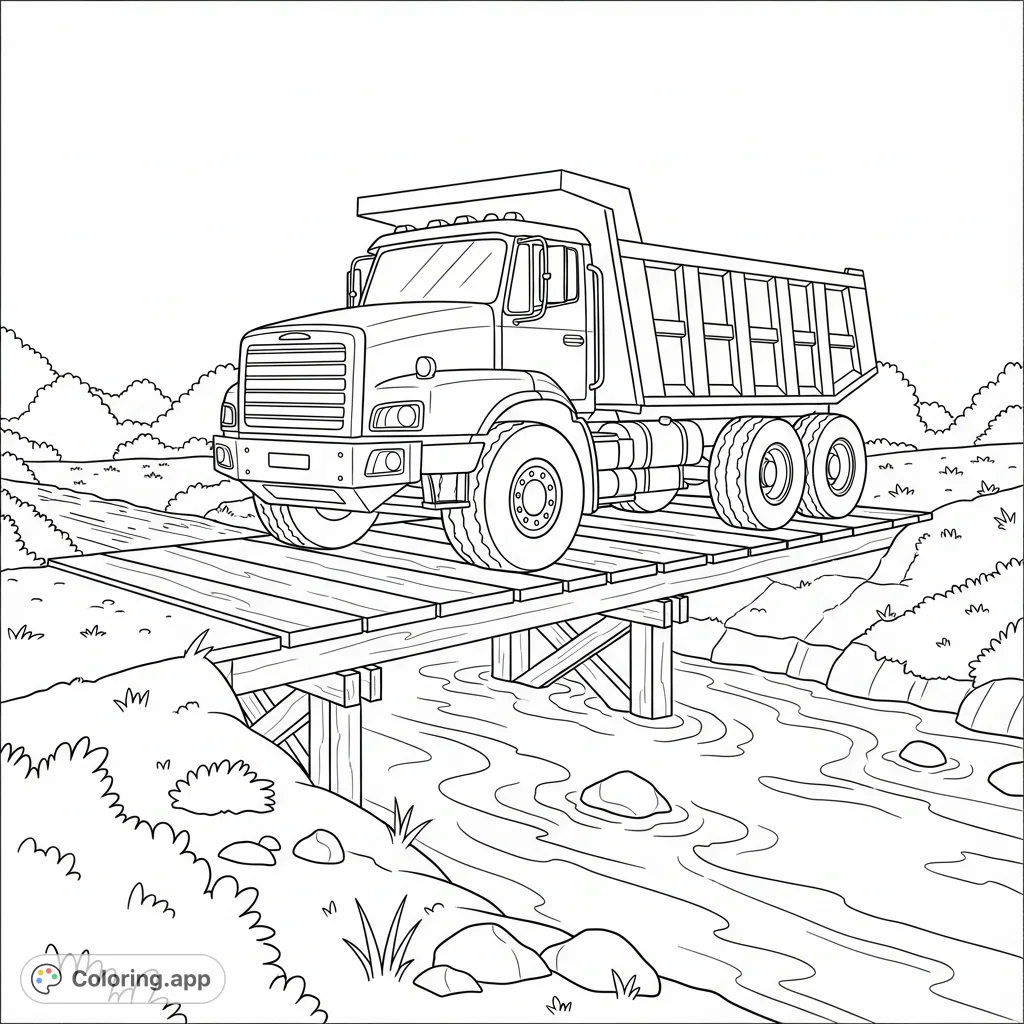 A sturdy dump truck carefully crosses a temporary wooden bridge over a flowing creek. Simplified shapes make this an engaging coloring page for all ages.