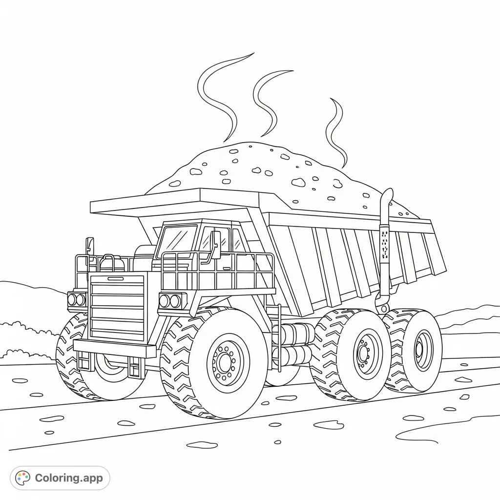 Detailed dump truck coloring page featuring a robust vehicle hauling a textured mound of asphalt, with rising fumes. Perfect for vehicle enthusiasts.
