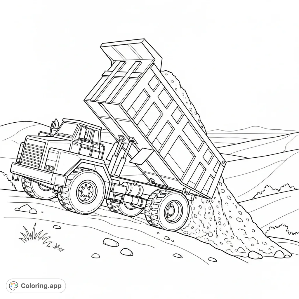 A detailed coloring page featuring a sturdy dump truck with its bed raised, actively dumping material on a gently sloping hill, surrounded by natural elements.