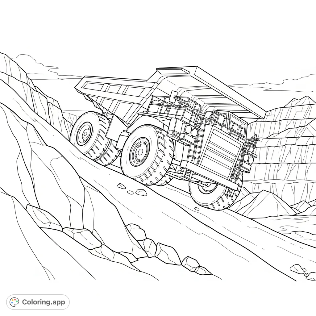 A powerful dump truck climbs a steep quarry hill, featuring broad rock formations and distant excavated piles under an open sky.