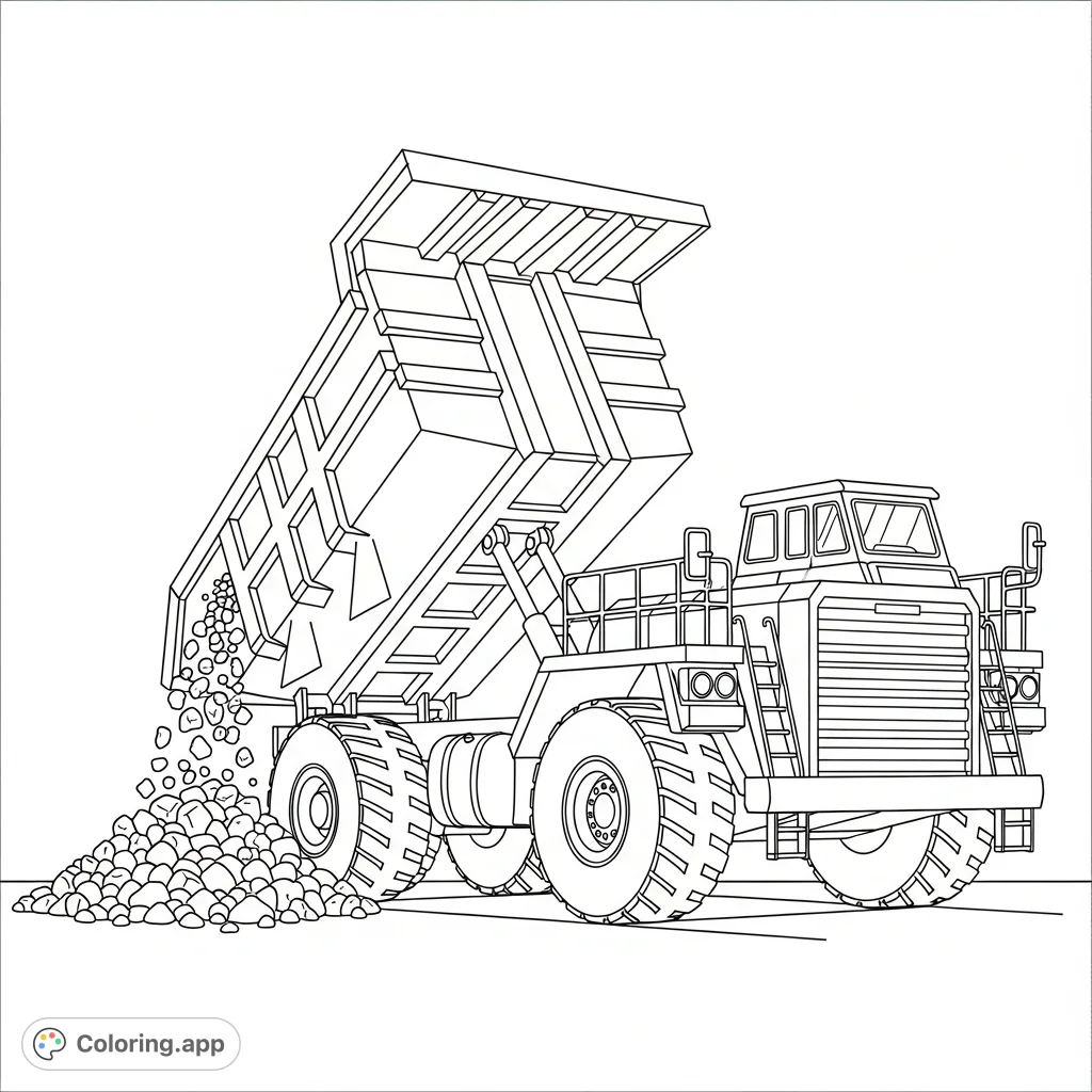 A robust dump truck with its bed raised, actively unloading a large pile of gravel represented by simple shapes. Perfect for young vehicle enthusiasts.
