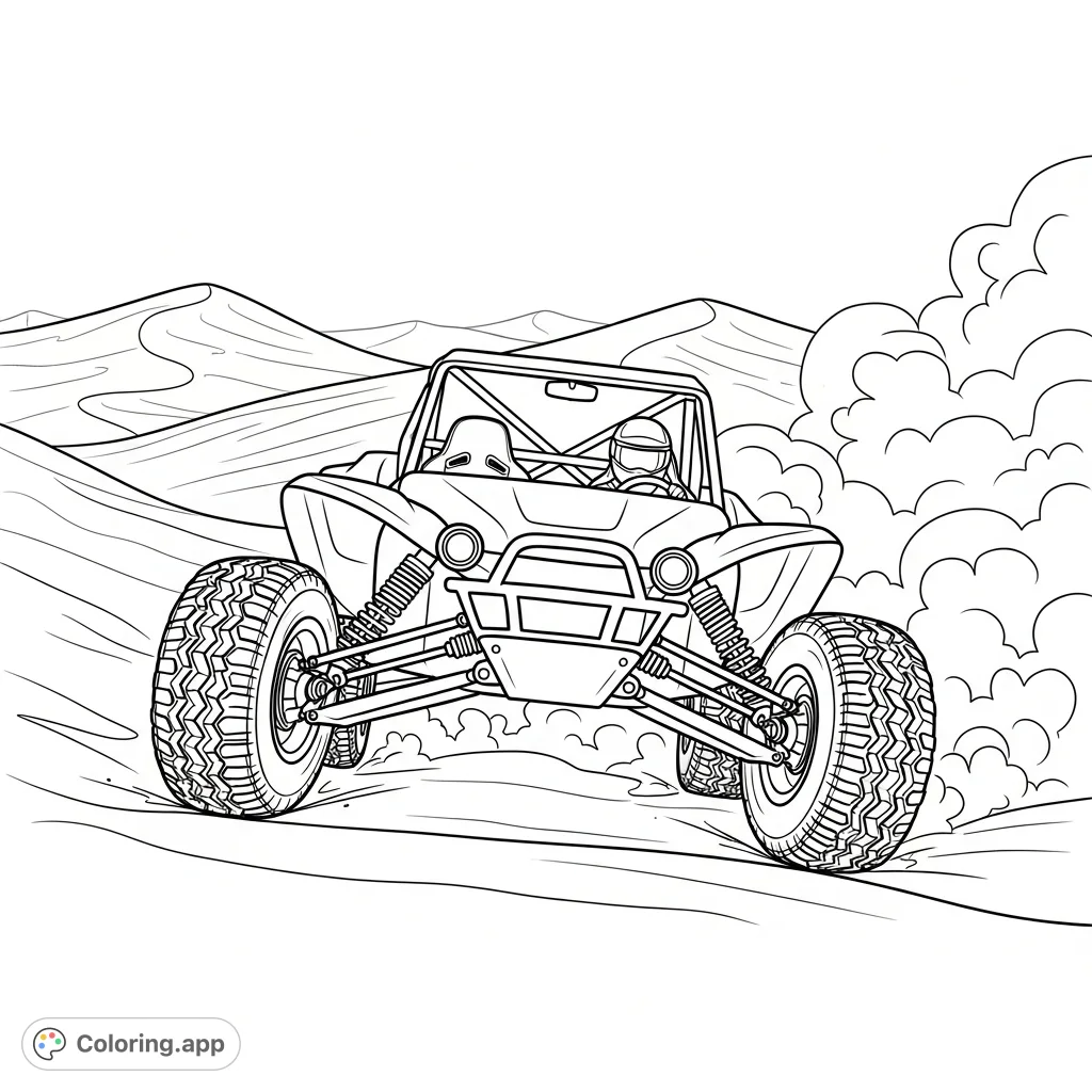 Experience the thrill of a dune buggy racing across vast sand dunes, with extended suspension and dynamic dust clouds trailing behind. A high-octane adventure awaits your colors!
