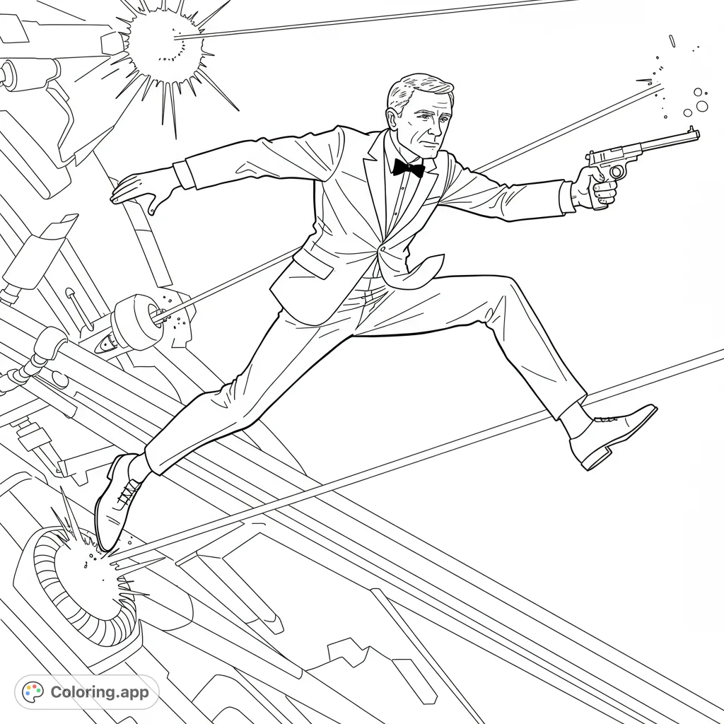 Dynamic secret agent coloring page featuring a sharp-suited spy leaping through a futuristic scene, pistol drawn amidst laser beams and explosions.
