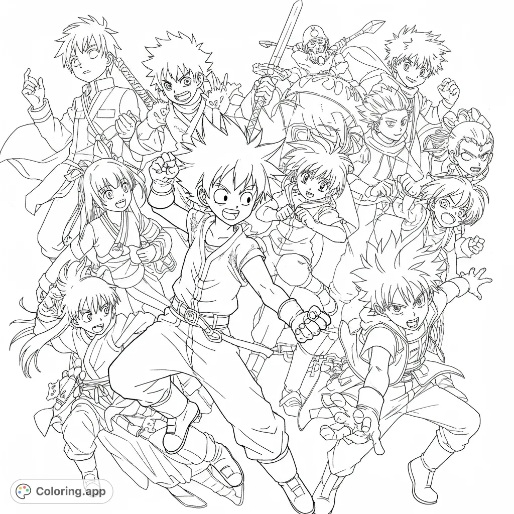 Dynamic anime heroes unite in an action-packed free printable coloring page. Unleash your creativity on this vibrant group of characters!