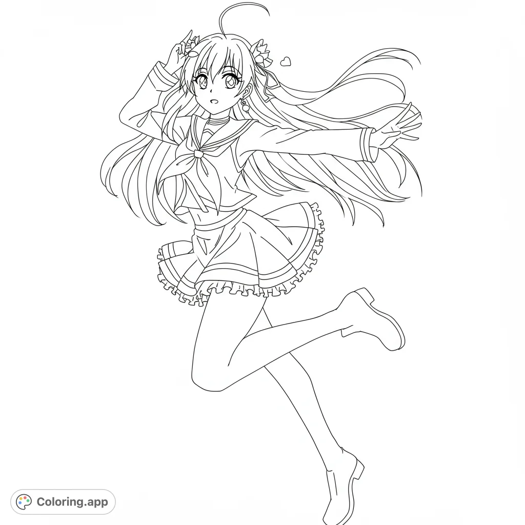 A dynamic anime schoolgirl in a sailor uniform, mid-jump with flowing hair. A free printable anime girl coloring page for all ages.