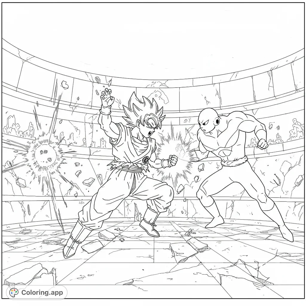 Experience an intense anime battle coloring page featuring two powerful fighters clashing in a ruined arena, surrounded by explosive energy and debris.