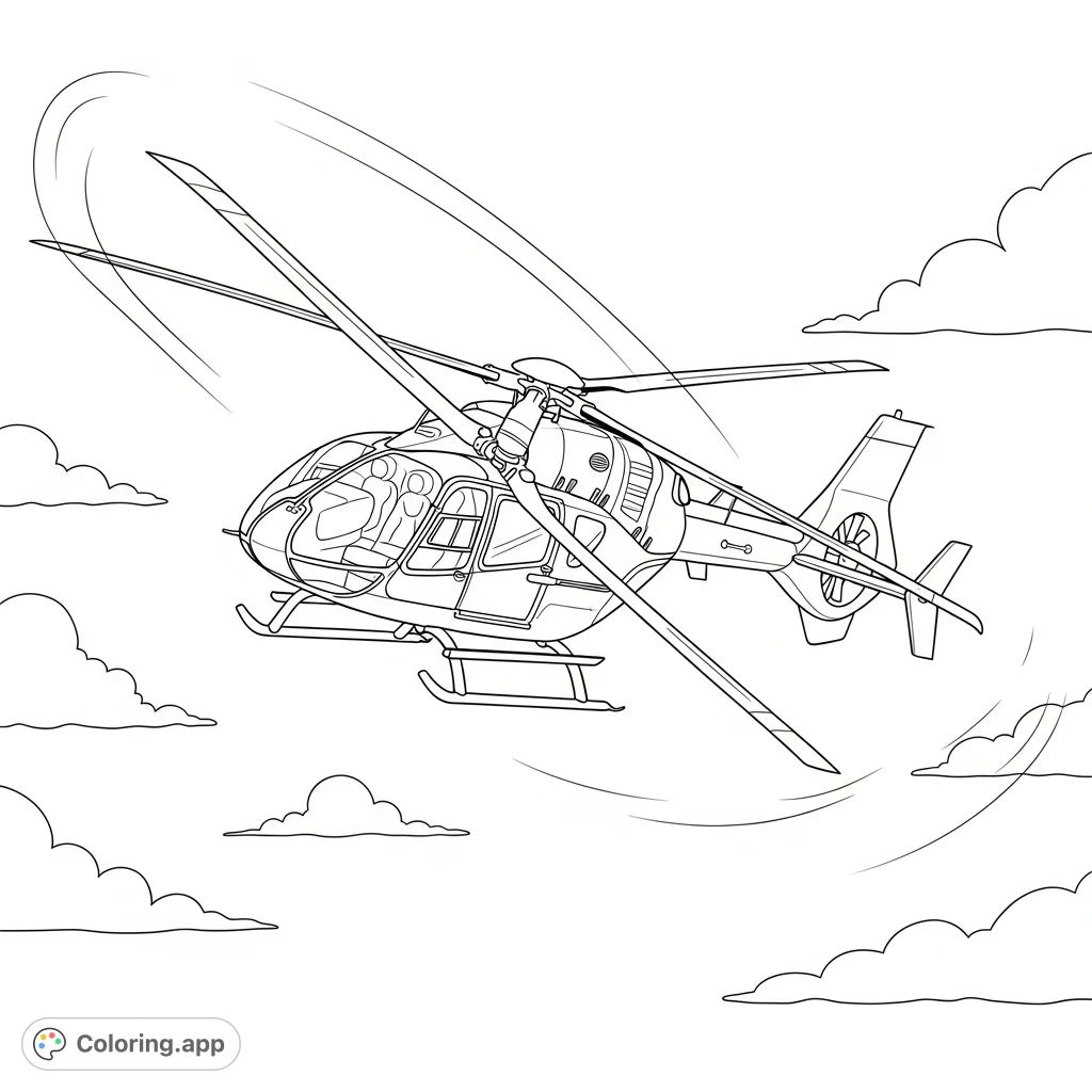 Experience the thrill of flight with this dynamic coloring page featuring a sleek helicopter banking sharply against a cloudy sky, showcasing thrilling motion.