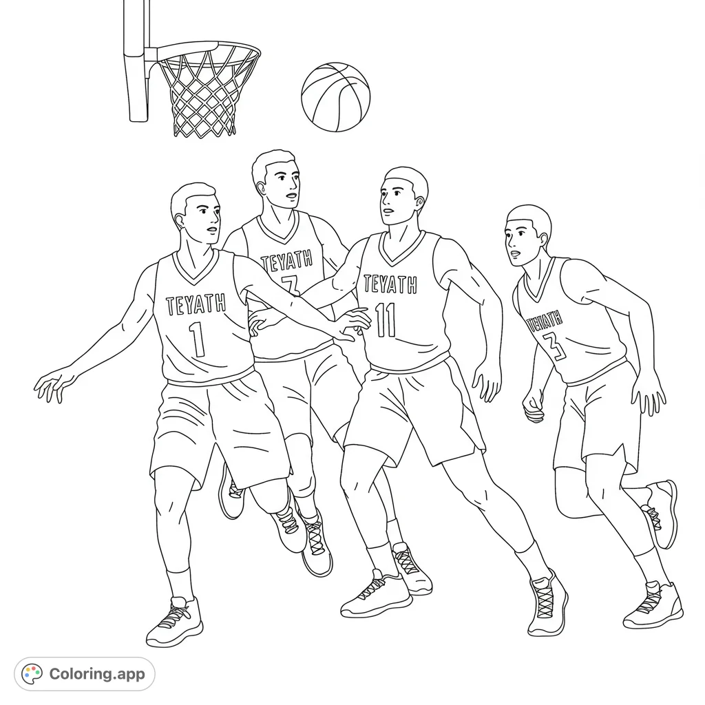Capture the excitement of a basketball game with four players in action, a hoop, and a ball. Perfect for sports fans and aspiring athletes.