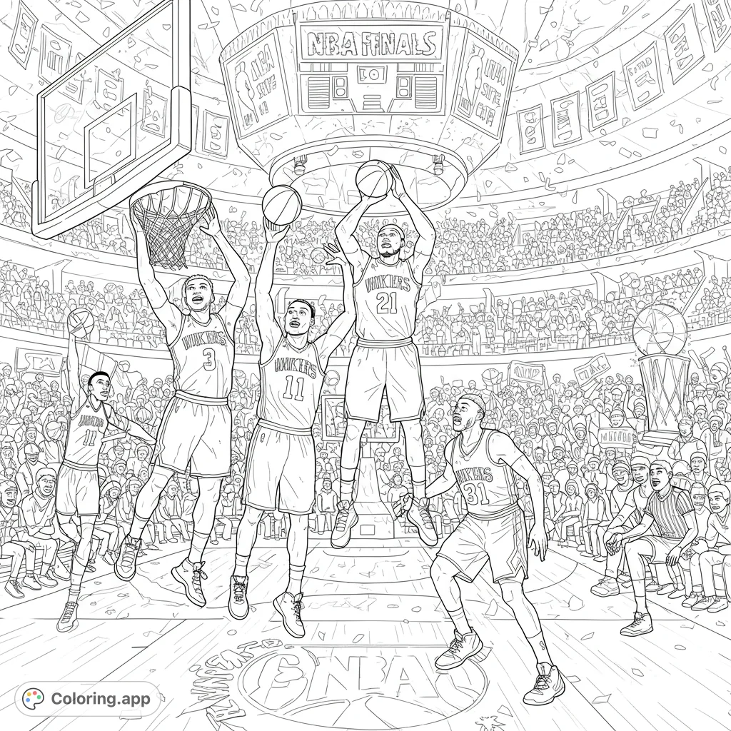 Experience the thrill of a basketball game! This dynamic basketball coloring page features players in action, a cheering crowd, and falling confetti.