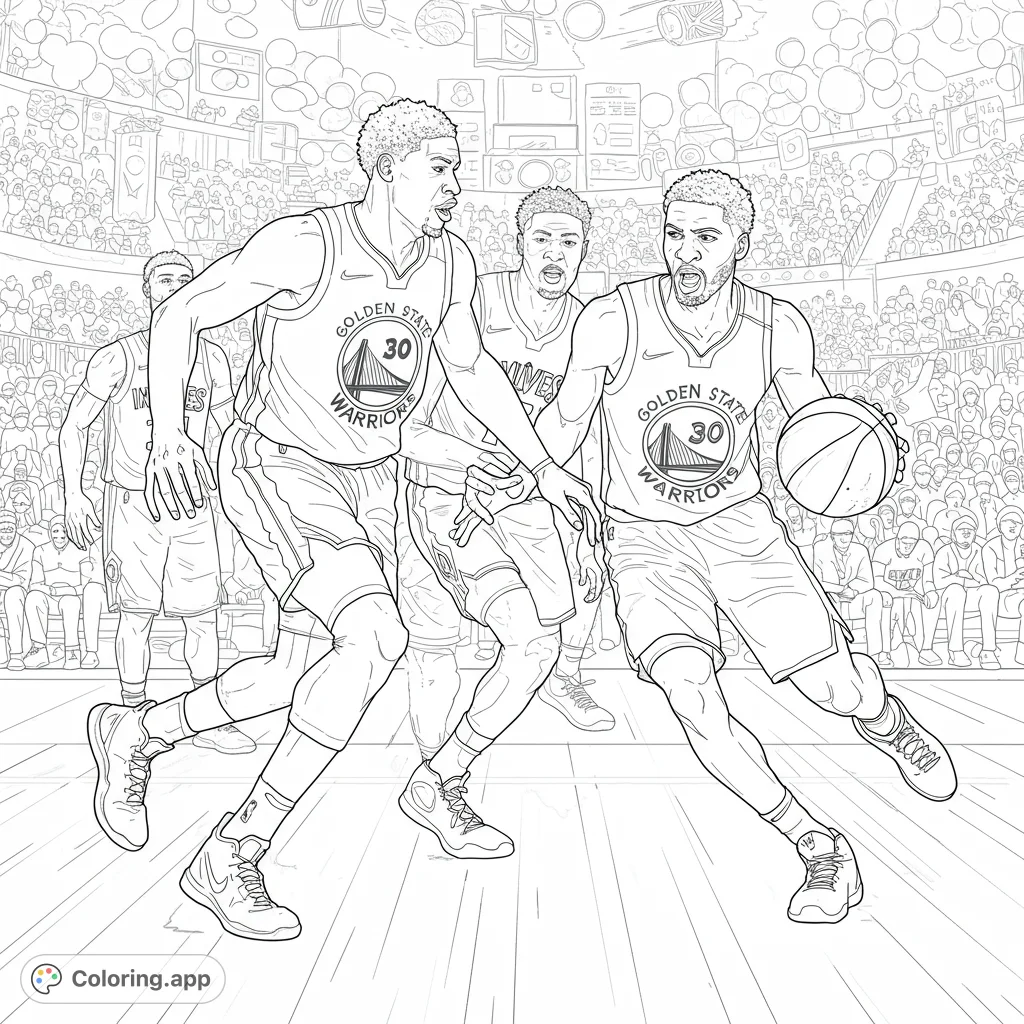 Experience the thrill of a basketball game! This dynamic sports coloring page features players in action on court, surrounded by a cheering crowd.