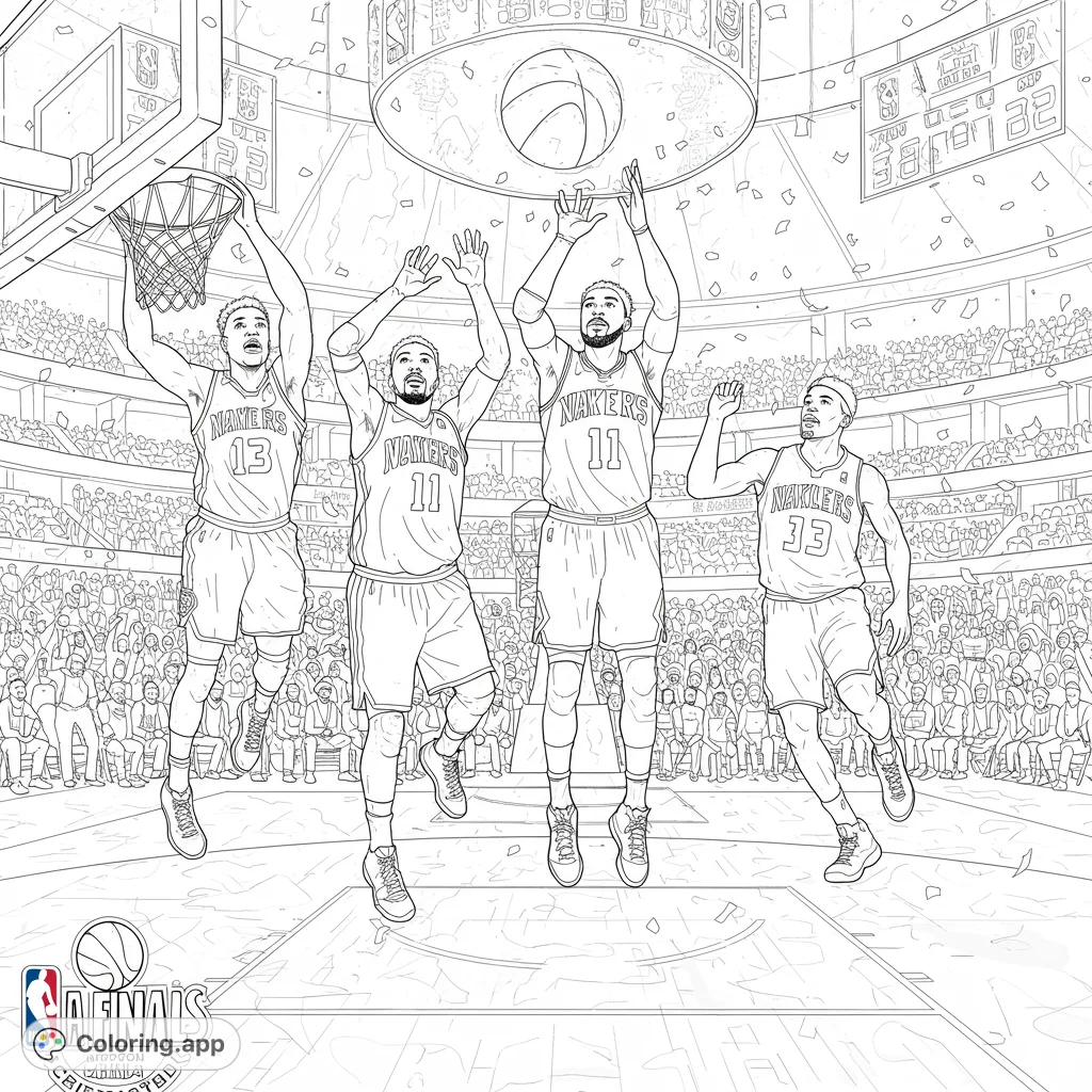 Dynamic basketball game scene with four players, a cheering crowd, and falling confetti. A free printable sports coloring page for all ages.