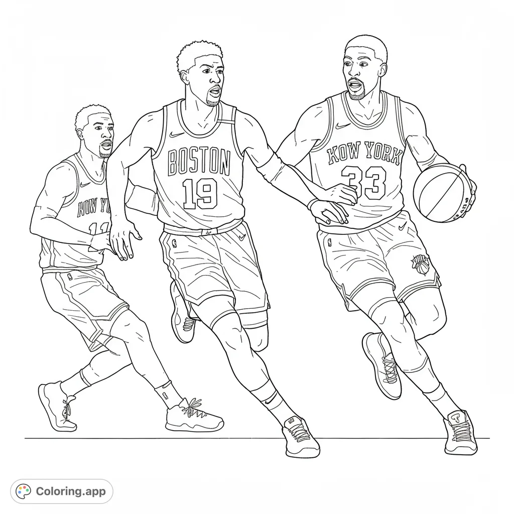 Dynamic basketball action scene featuring three players in motion. Perfect for sports fans to color, capturing the energy of the game with crisp lines.