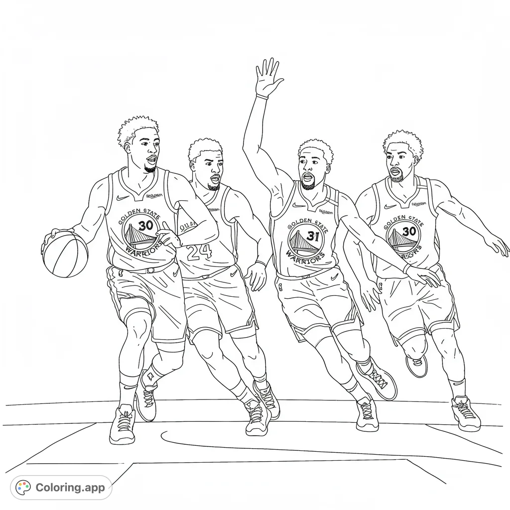 Capture the excitement of the court with this dynamic basketball team coloring page. Four players in action, ready for vibrant colors!