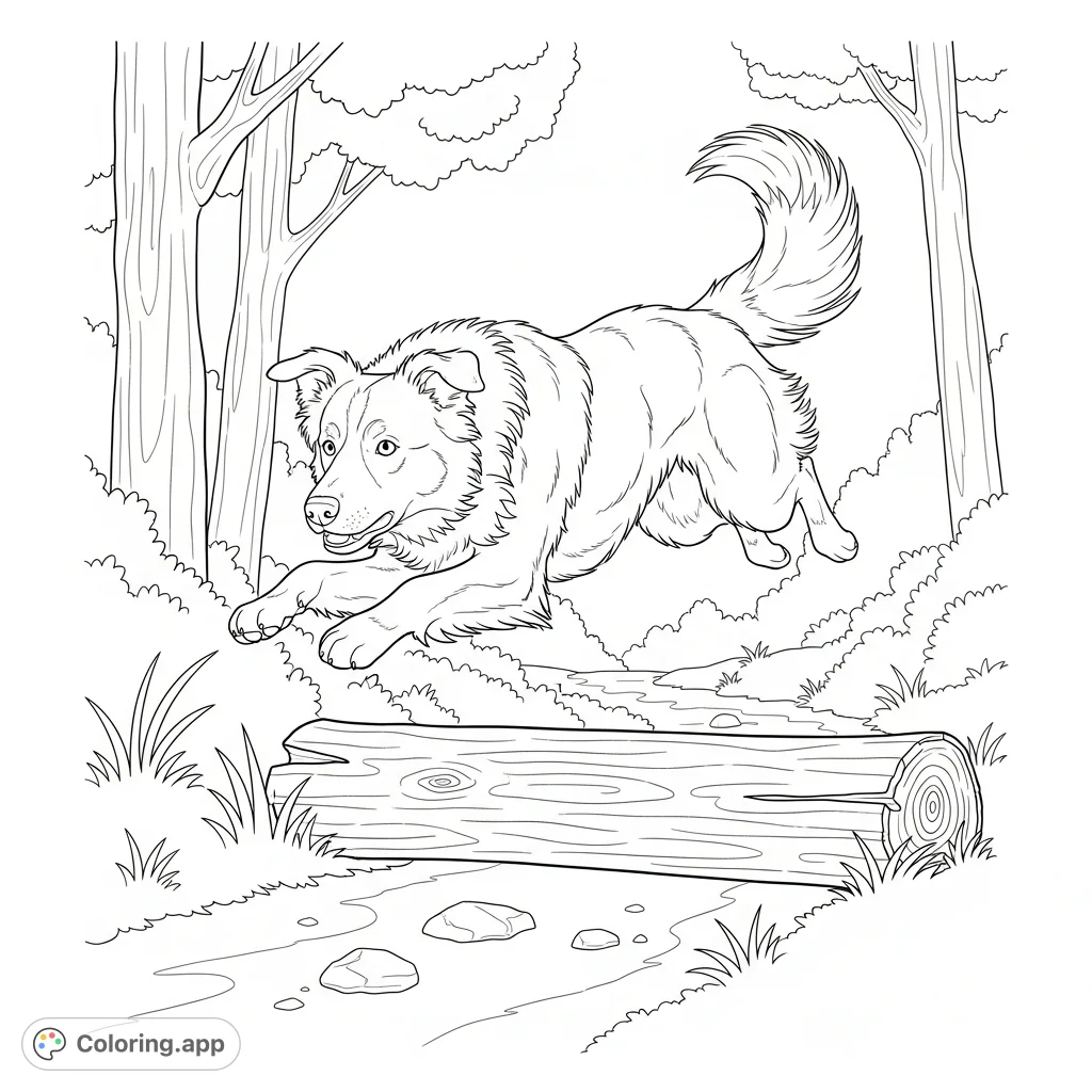 A lively Border Collie leaps gracefully over a small log on a forest trail. A dynamic pose with a simplified background, perfect for dog lovers.