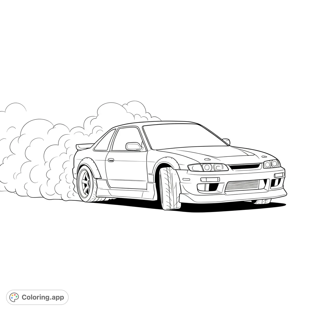 Experience the thrill of a drifting sports car with this dynamic line art. Perfect for car enthusiasts and speed lovers, featuring billowing smoke.