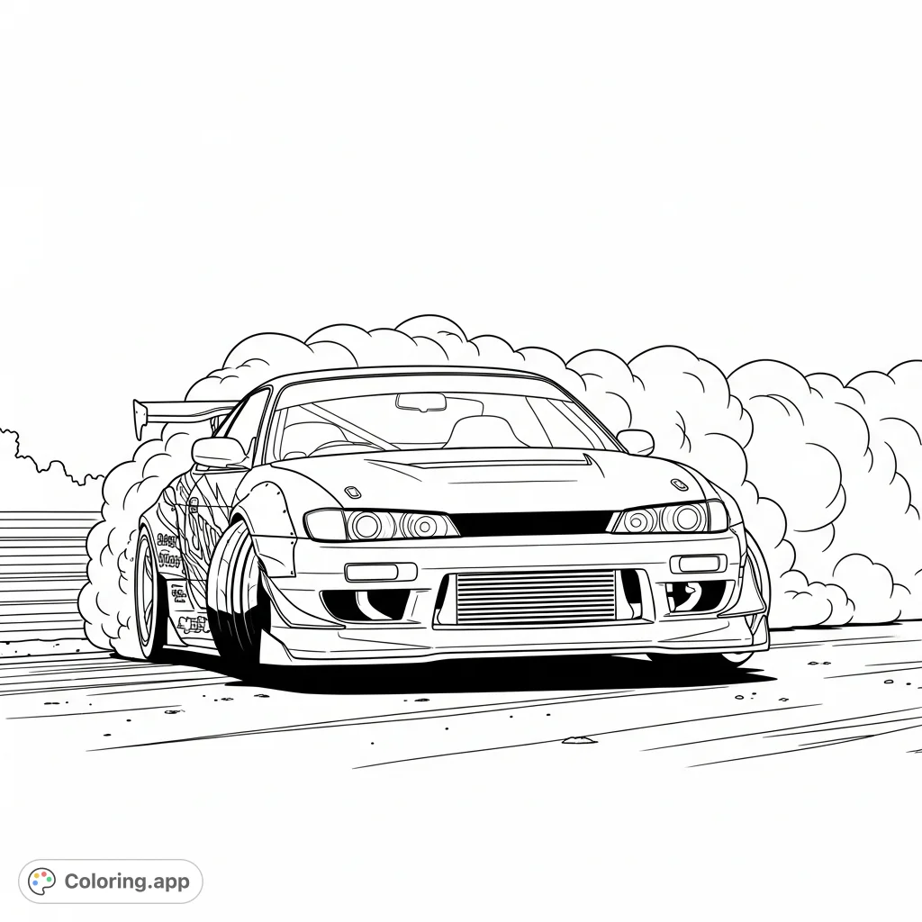 Experience the thrill of high-speed drifting with this detailed coloring page featuring a custom drift-spec coupe enveloped in dramatic tire smoke.