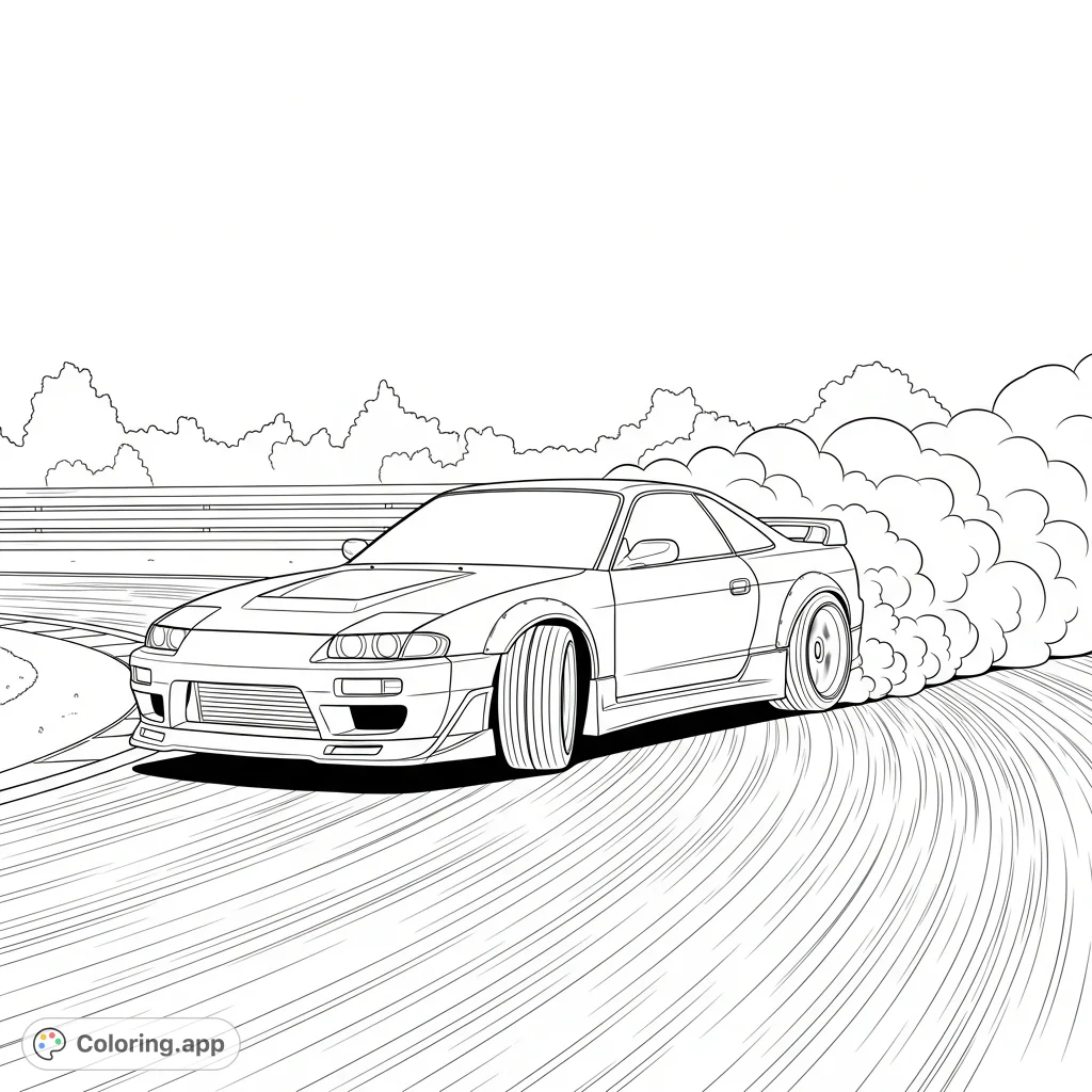 Experience the thrill of a drift scene with a generic sports car mid-slide, surrounded by billowing tire smoke. A dynamic coloring adventure!