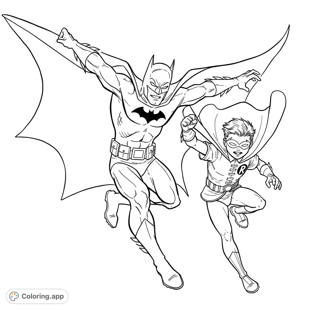 Dynamic Batman and Robin superhero duo in action, ready for adventure. A free printable superhero coloring page for all ages.