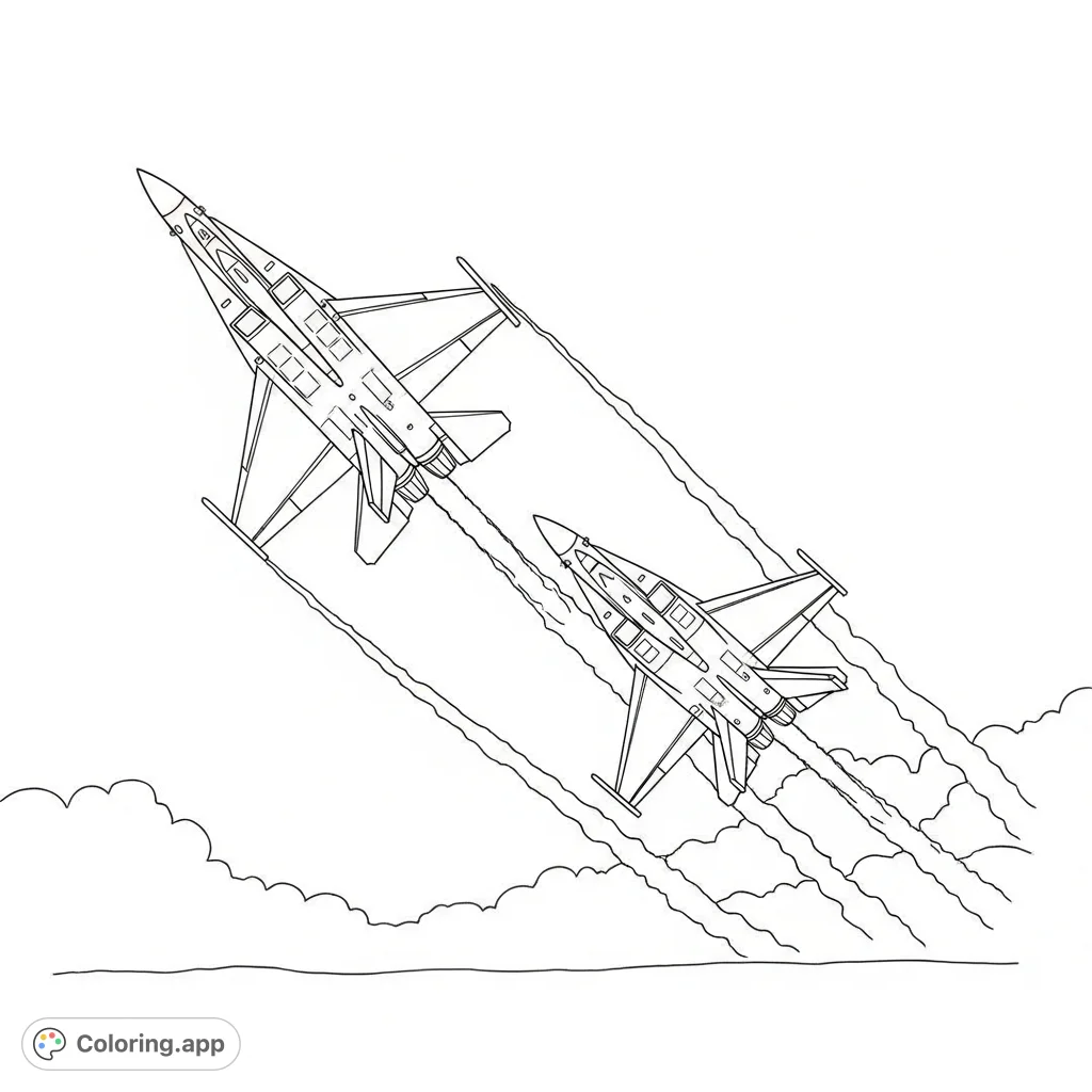 Two powerful fighter jets dramatically break formation, soaring in opposite diagonal directions across the sky, leaving dynamic trails in a thrilling aerial display.