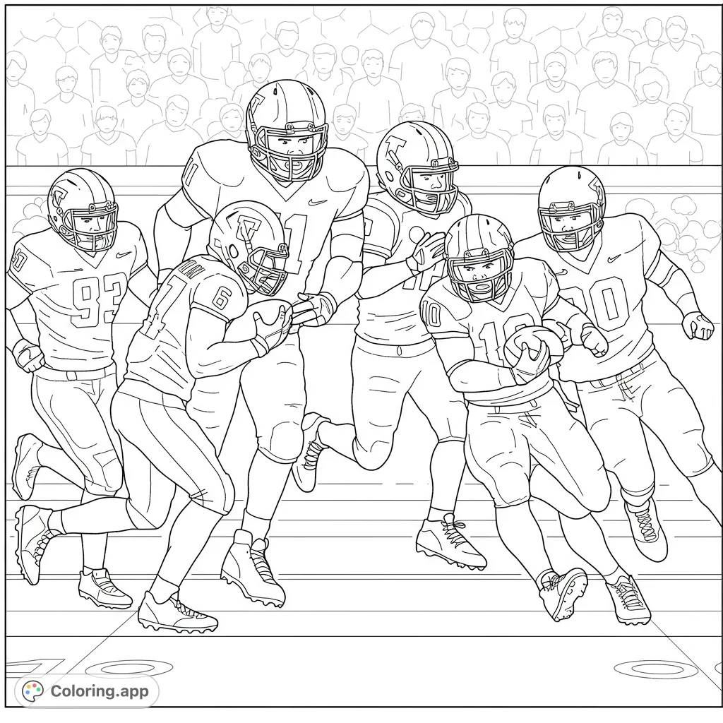 Experience the thrill of a football game! This action-packed American football coloring page features players in motion on the field, perfect for sports fans.