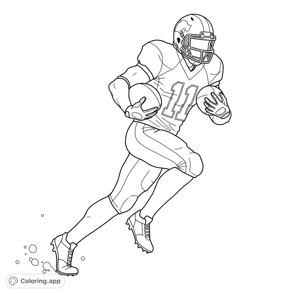 Dynamic football player in full uniform, mid-run with two footballs. Perfect for sports fans to color and customize team colors.
