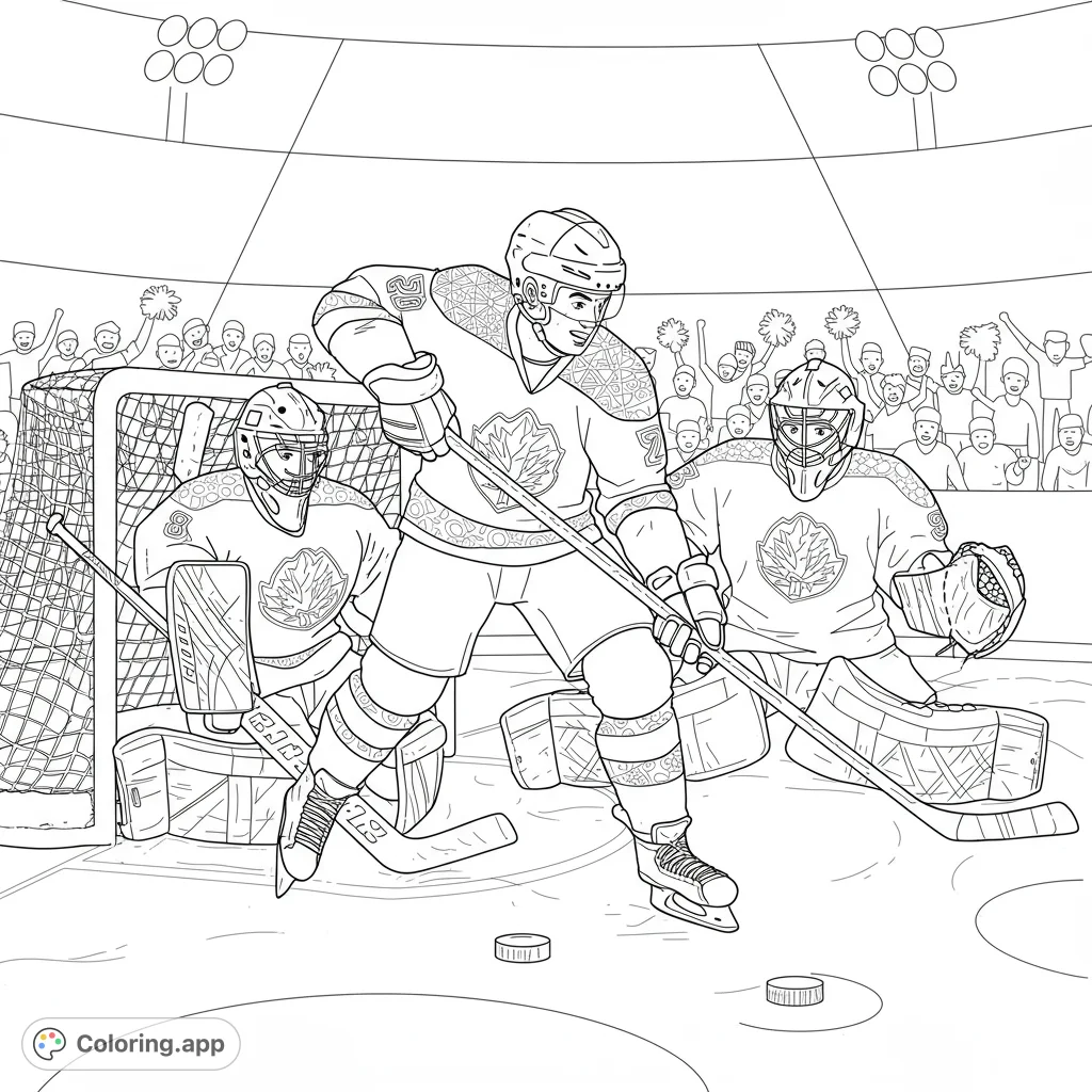 Experience the thrill of an ice hockey game! A player shoots while two goalies defend the net, surrounded by a cheering crowd.