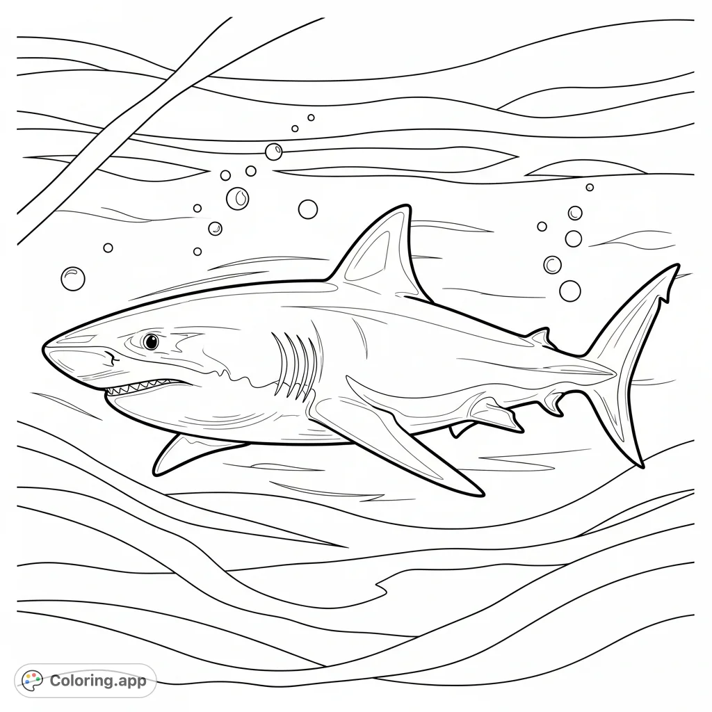 Color a powerful shark in mid-swim, surrounded by dynamic lines in a simplified deep ocean setting with subtle currents and rising bubbles.