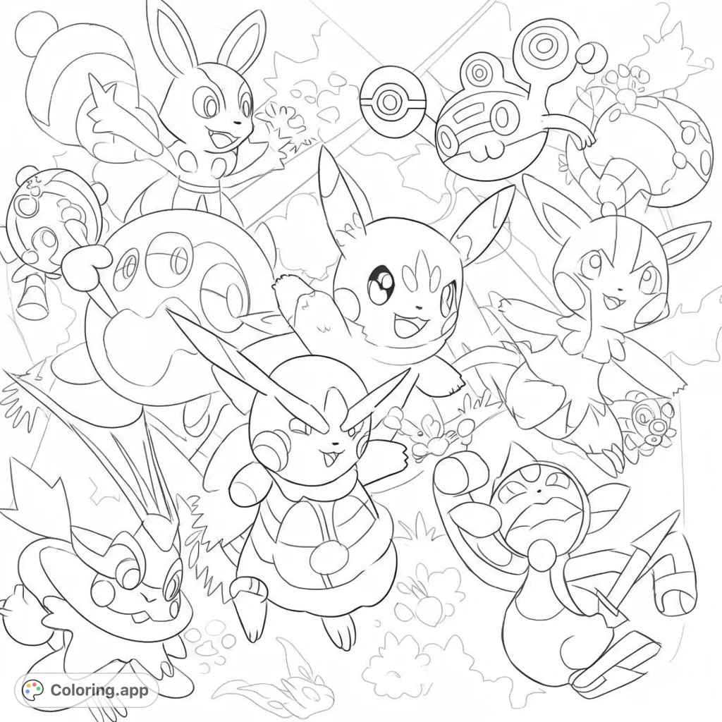 Lively Pokémon coloring page featuring Pikachu, Raichu, and friends in a dynamic, action-packed scene. Fun for all ages!