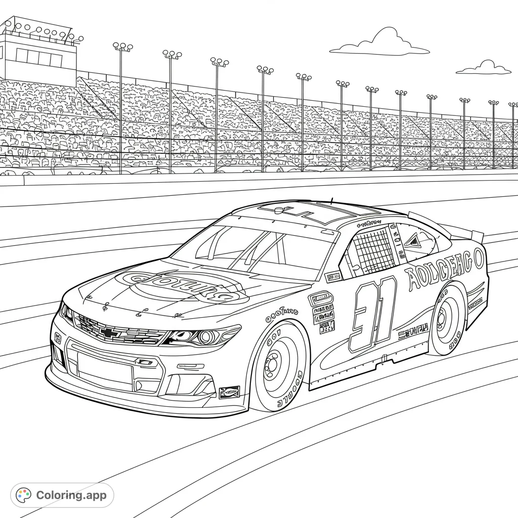 A thrilling race car coloring page featuring a detailed stock car on a speedway, with grandstands and lights. Perfect for racing fans!