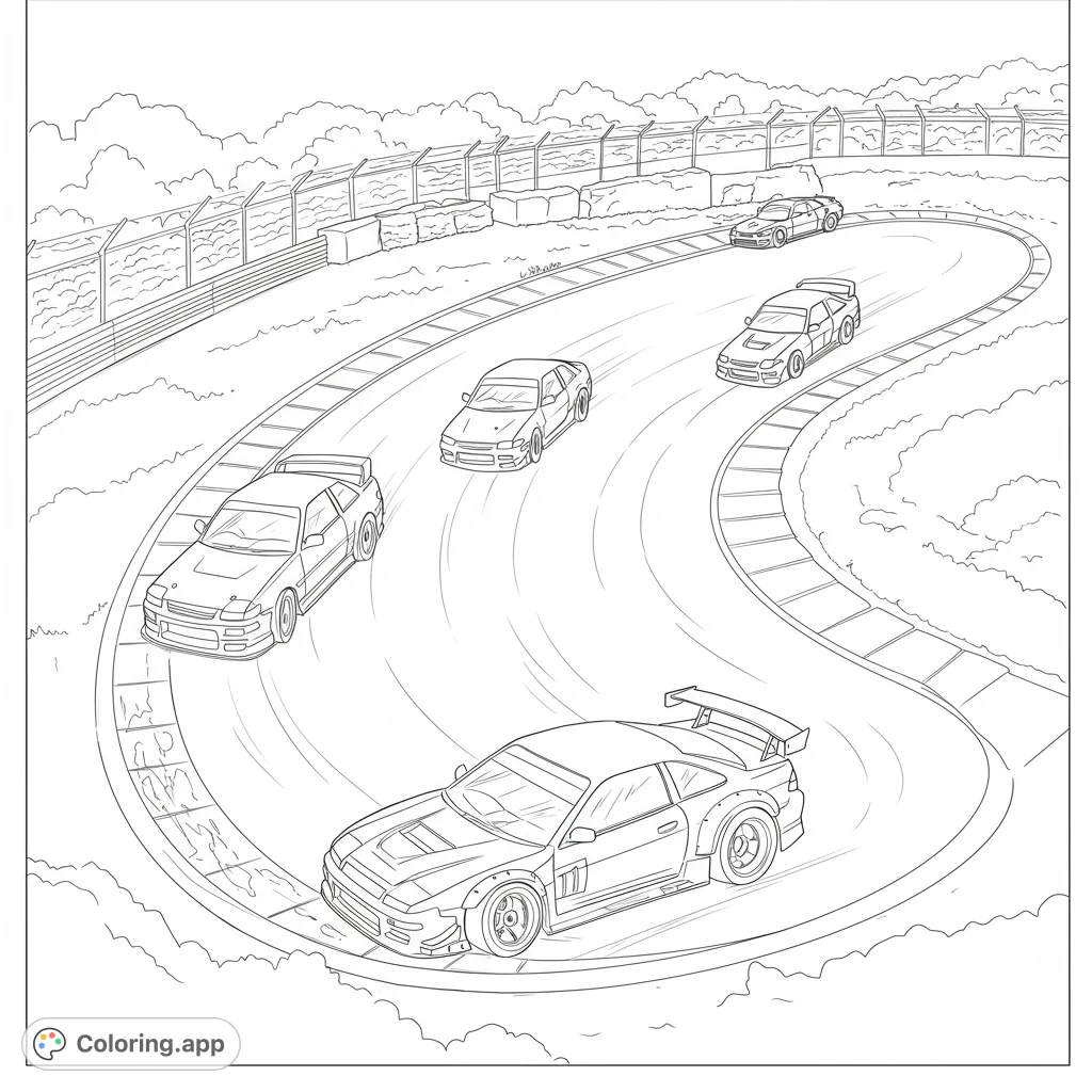 Experience the thrill of the race with this dynamic race car coloring page. Five sports cars speed around a winding track, ready for your vibrant colors.