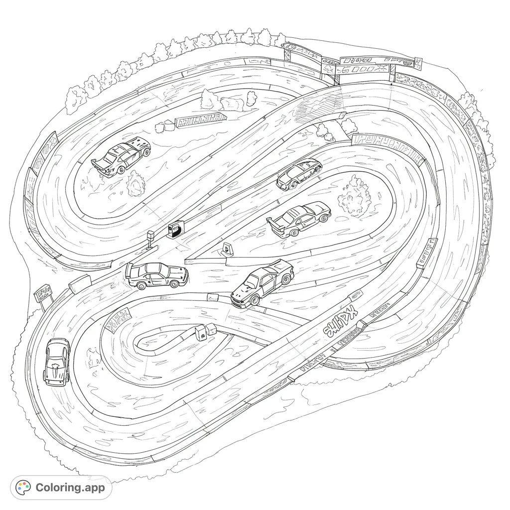 Zoom into action with this dynamic race track coloring page featuring multiple cars speeding along a winding circuit, perfect for speed enthusiasts!