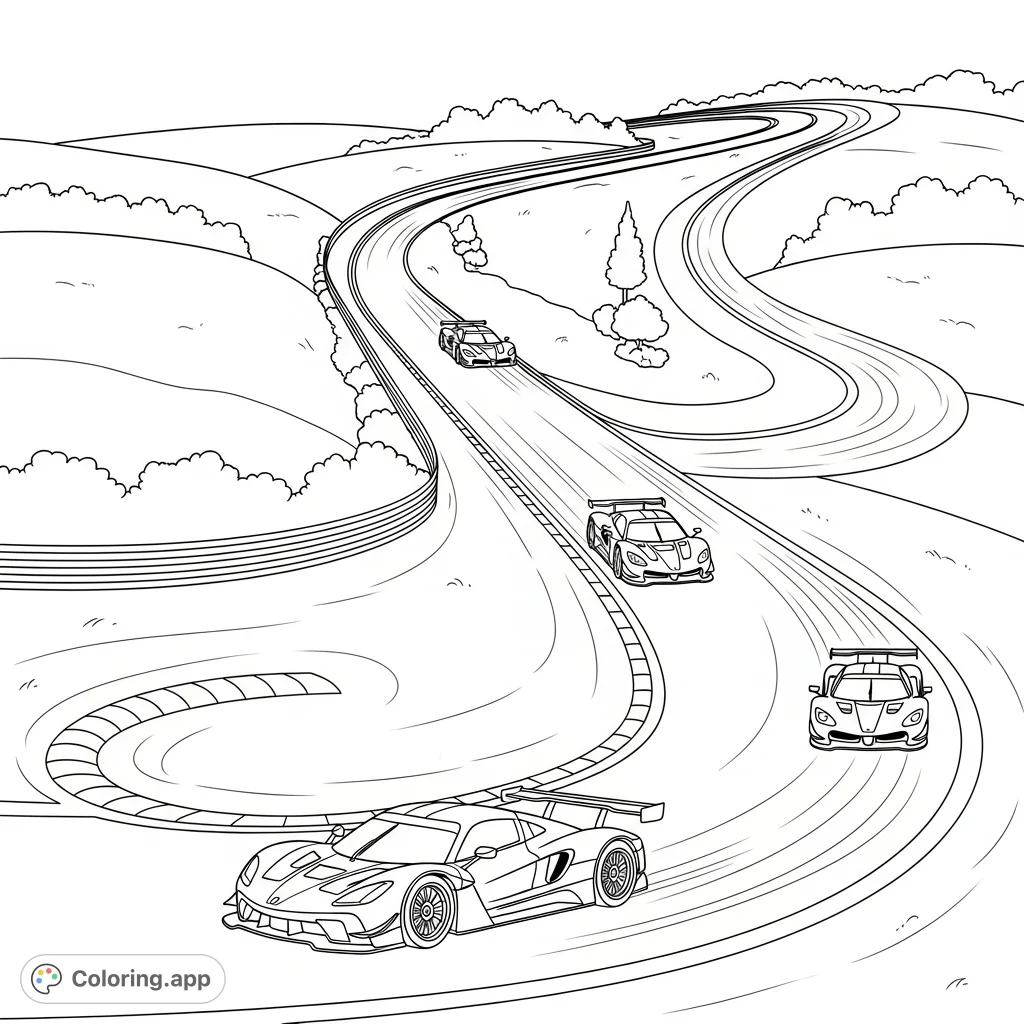 Color a thrilling racing scene featuring a composite track with hairpin, straight, and S-curve elements. Three generic racing cars navigate the circuit.