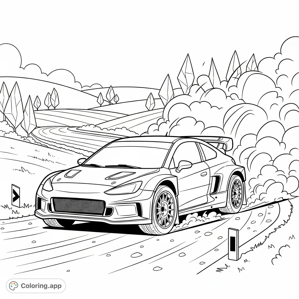 Experience the thrill of a rally race with this dynamic coloring page featuring a high-speed car kicking up bold dust clouds on a gravel track.