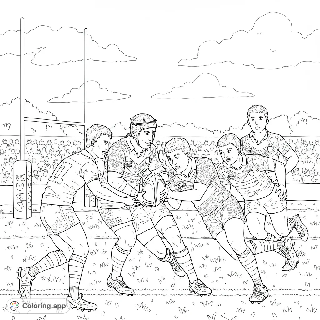 Dynamic rugby match scene with five players in action on the field, featuring a ball carrier, tacklers, and spectators. Free printable rugby coloring page.
