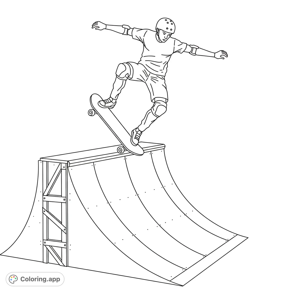 A dynamic skateboarder performs an aerial trick over a detailed ramp. Perfect for action sports fans and creative coloring.