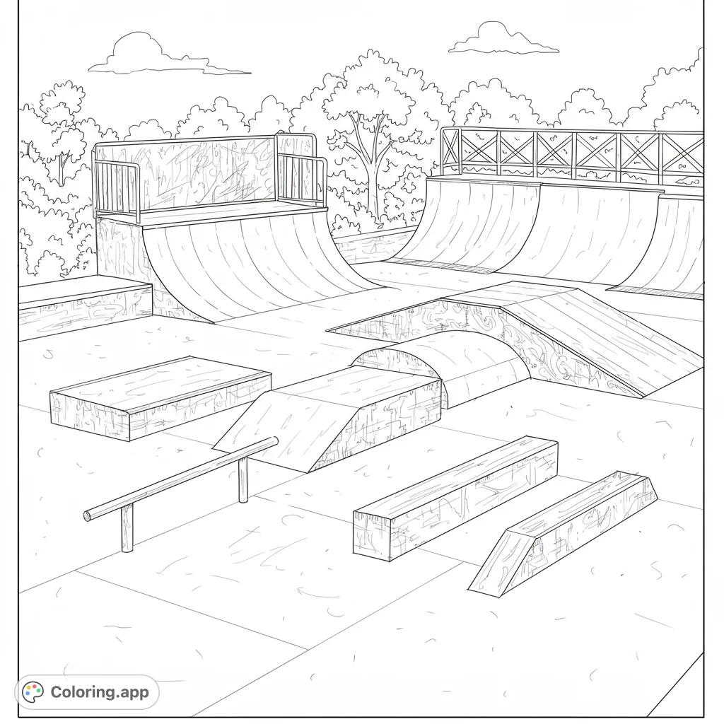 Explore a vibrant skatepark coloring page featuring ramps, rails, and boxes. A free printable coloring page for urban sports enthusiasts of all ages.