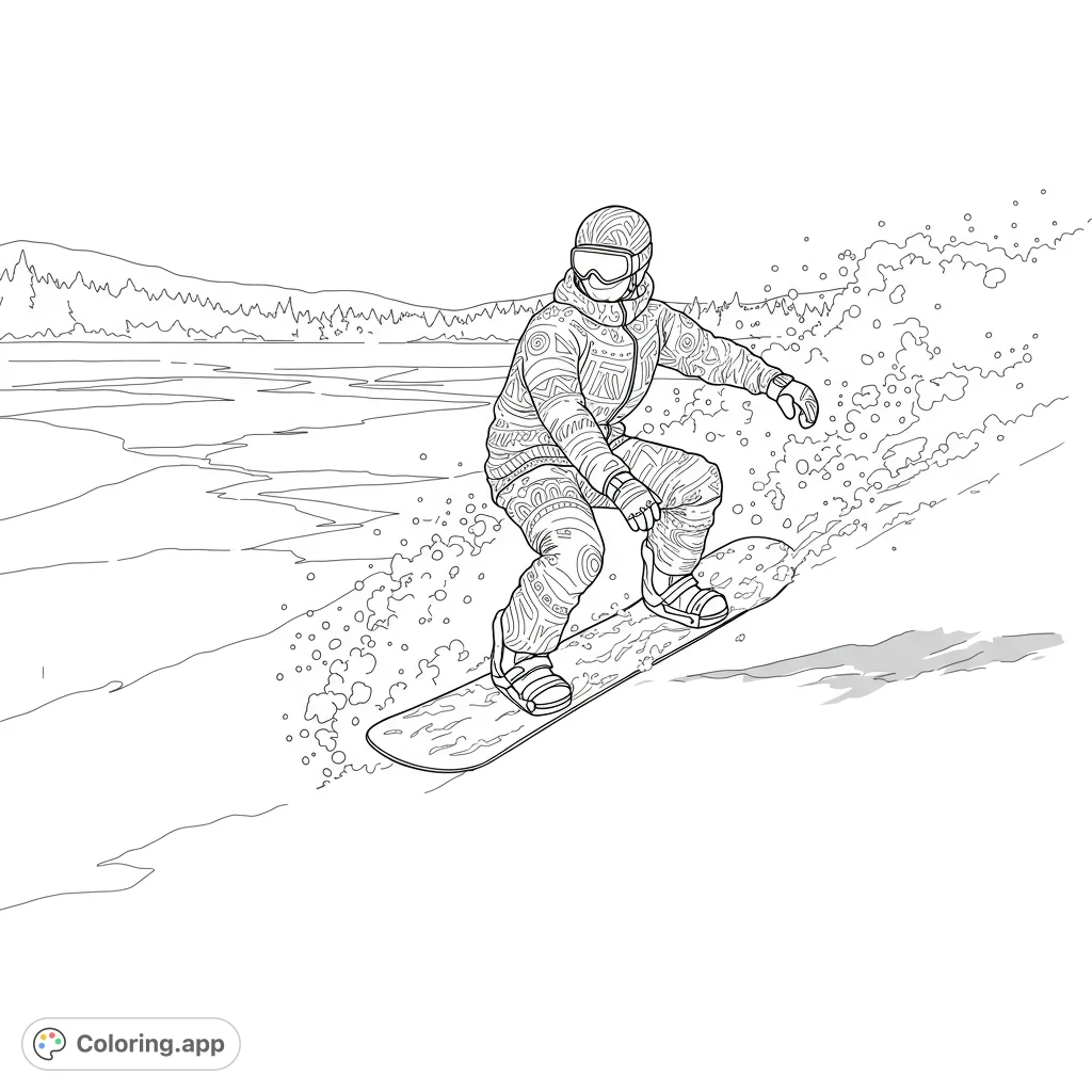 Experience the thrill of a snowboarder carving down a snowy mountain, kicking up powder. Features intricate patterns on gear and a vast winter landscape.